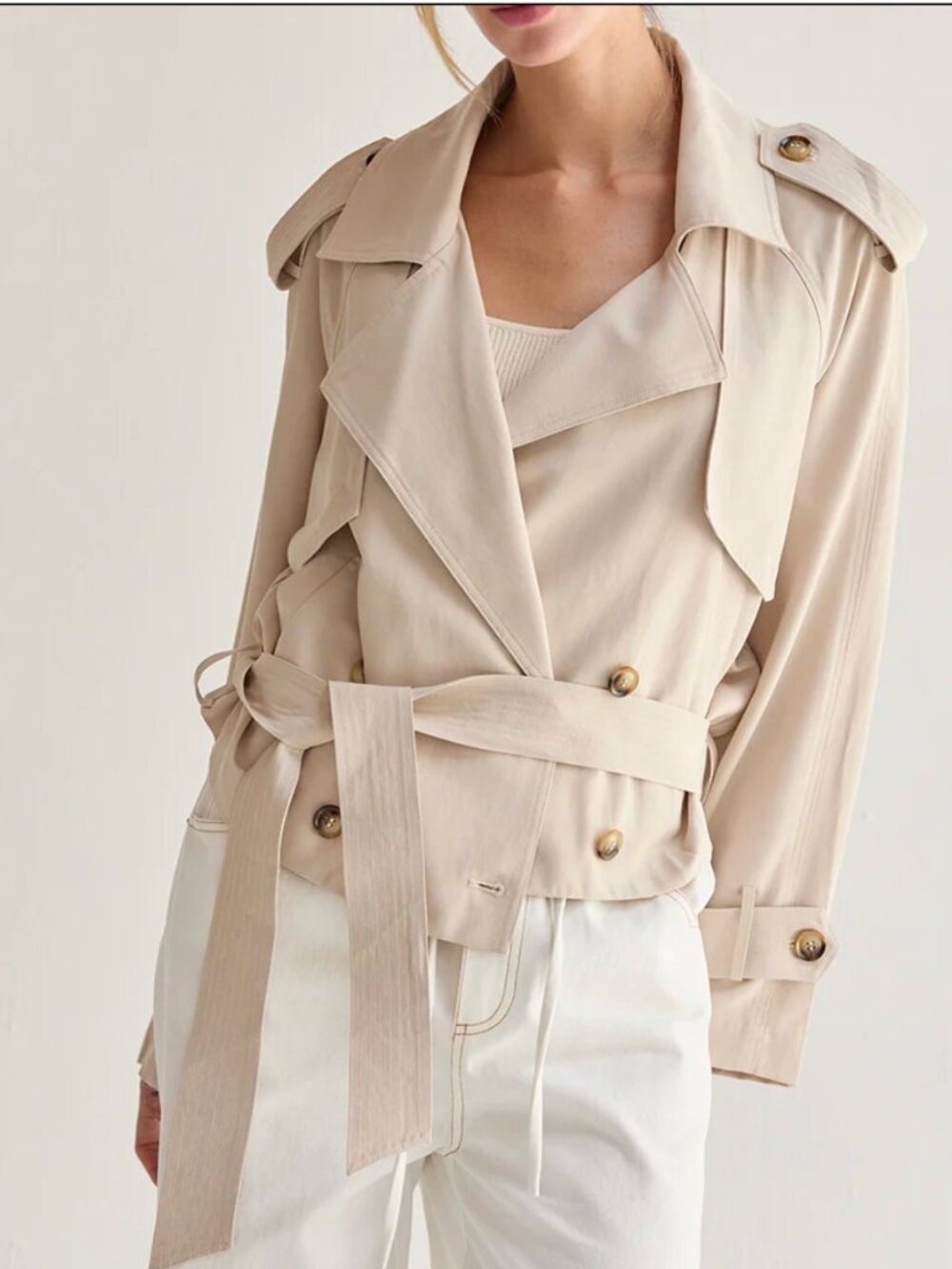 CRESCENT Crop Trench Coat in Beige Sz L - NWT!